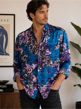 Vintage I.O.U. 100% Silk Abstract Button Front Shirt Men’s M Blue Purple 90s